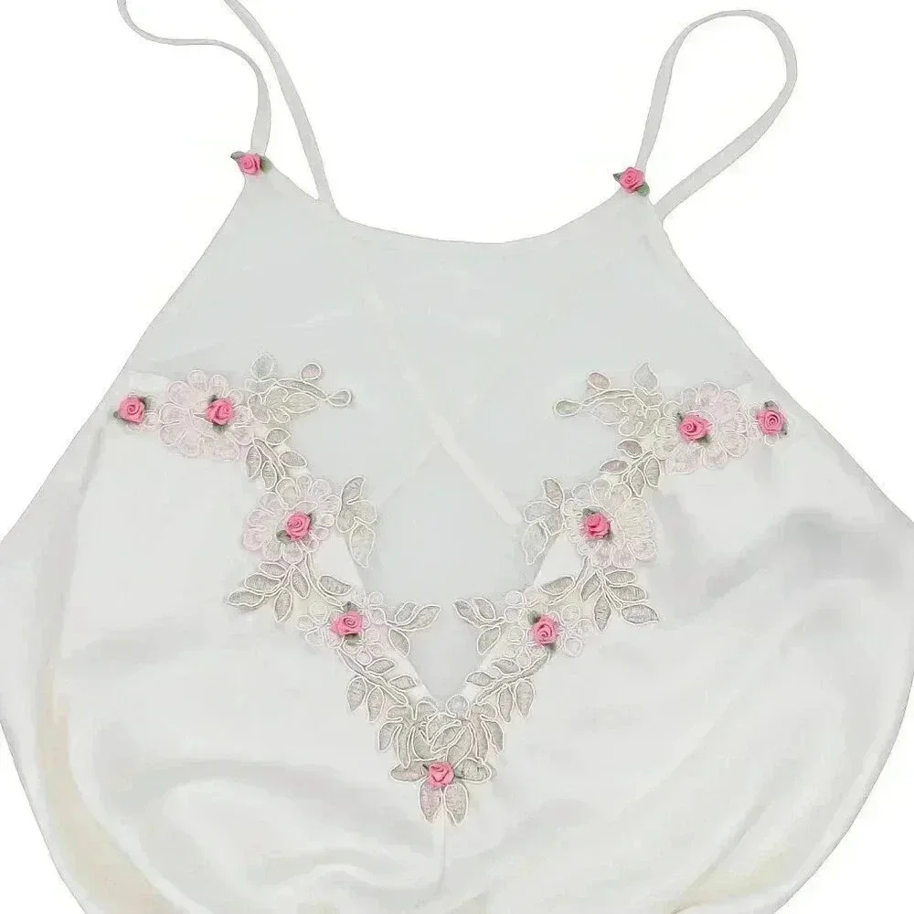 Reworked White & Pink Rose‎ Slip Short Dress Size Small Bridal Satin Slip Dress - Picture 2 of 4